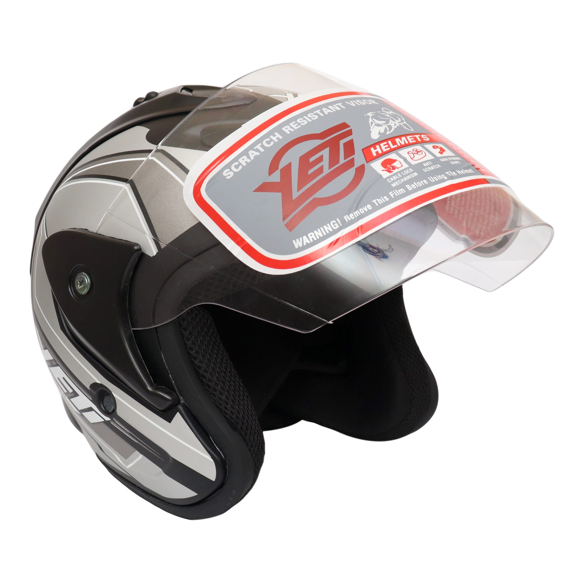 Yeti Helmet Shinny Eagle Black Grey Single Visor Half Helmet