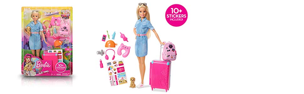 Barbie FWV25 Doll and Travel Set with Puppy Luggage and 10 Accessories Multicolour